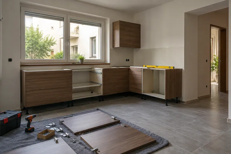Visualización conceptual IA: Módulos de cocina en montaje con puertas pendientes de colocar.